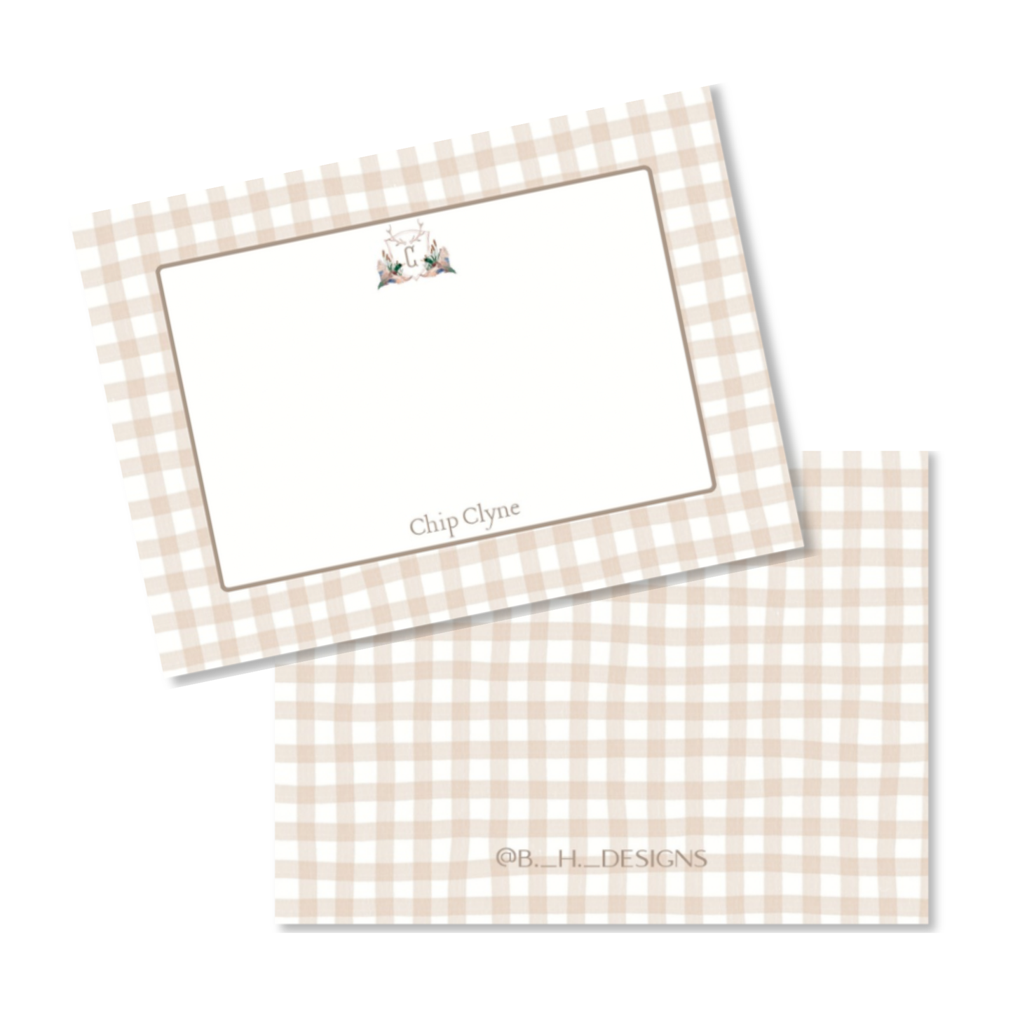Personalized Gingham Crest Flat Note Cards